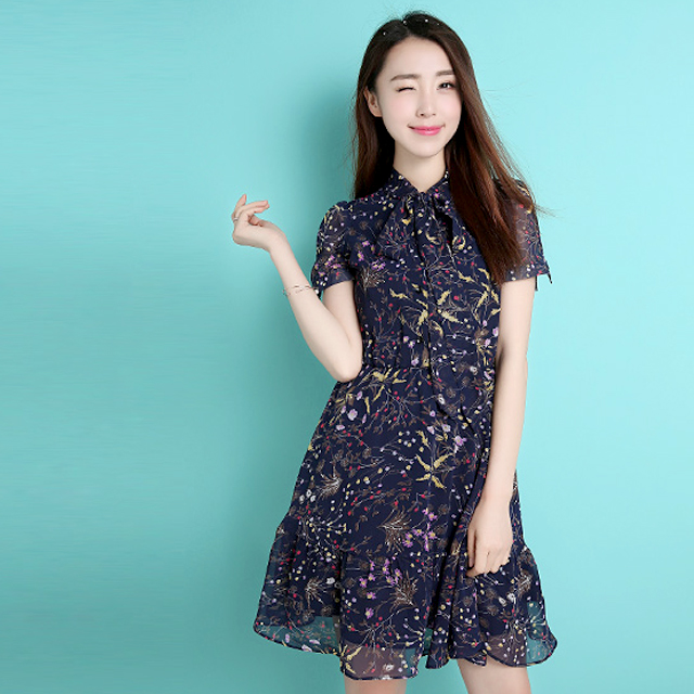 印花短袖小碎花雪纺连衣裙