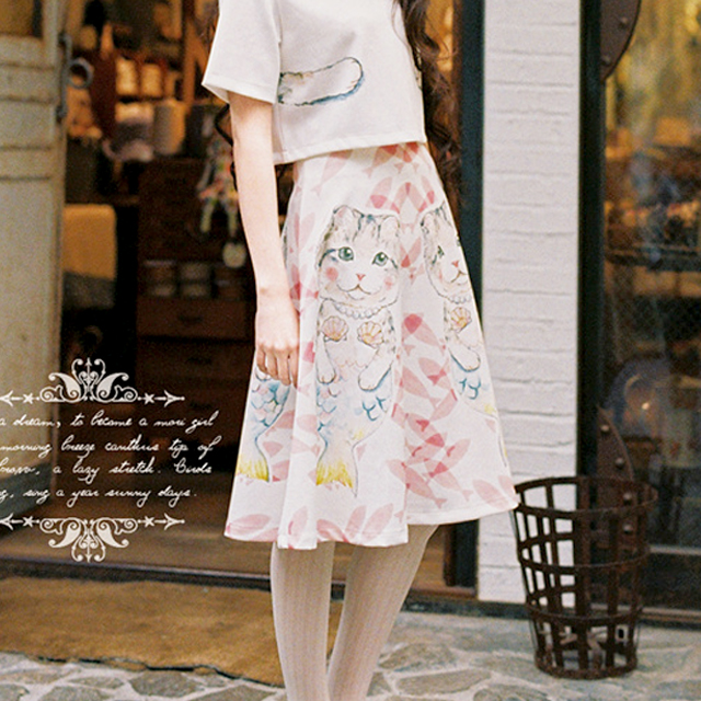 森女风甜美手绘印花半裙