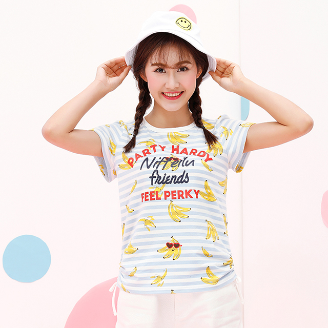 香蕉字母印花圆领抽带T恤