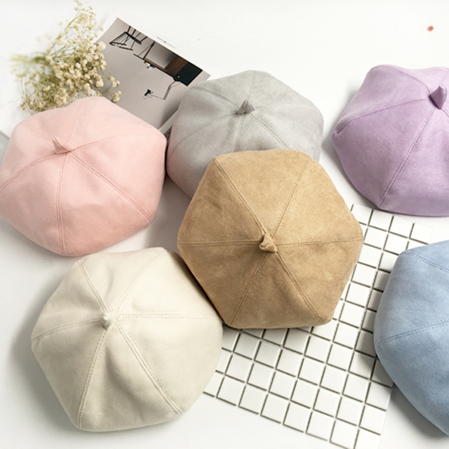 马卡龙色麂皮绒画家帽