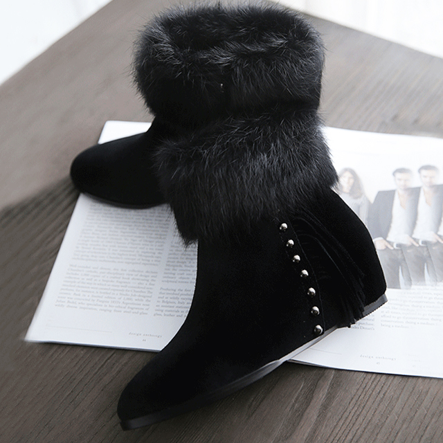 磨砂真皮加绒流苏短靴