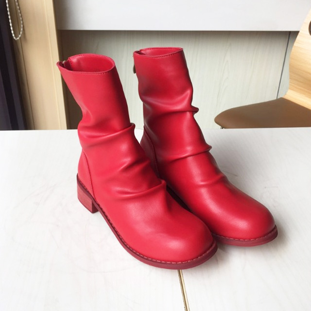 王子文同款褶皱复古皮靴