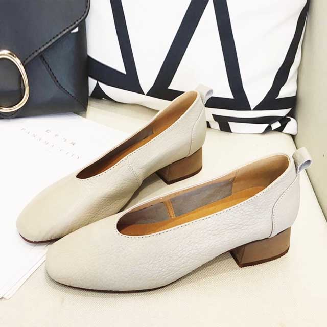 2017春韩版真皮粗跟奶奶鞋女浅口圆头软皮复古低跟单鞋套脚休闲鞋