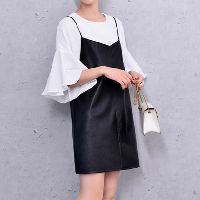 2017春装新款PU皮吊带连衣裙