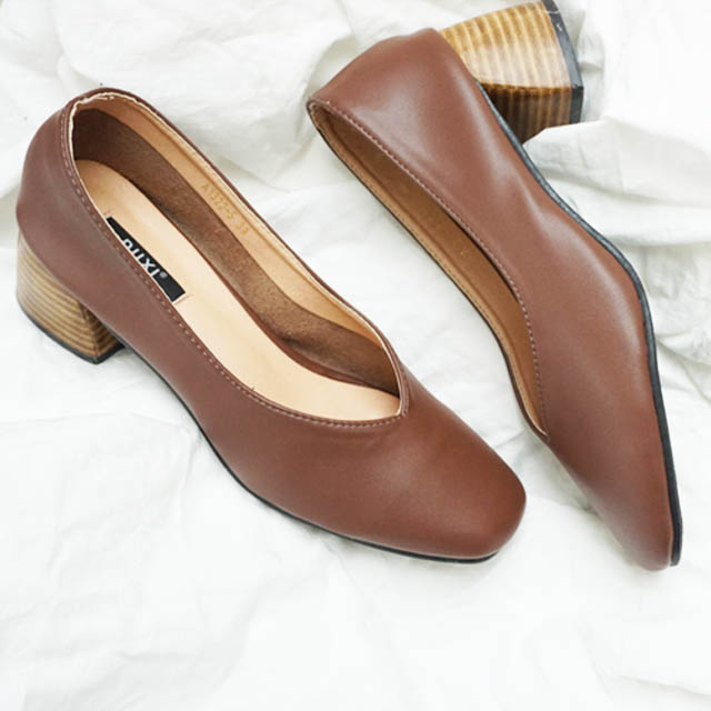 欧美方头浅口粗跟奶奶鞋