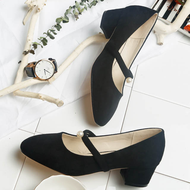 绒面粗跟方头一字扣单鞋