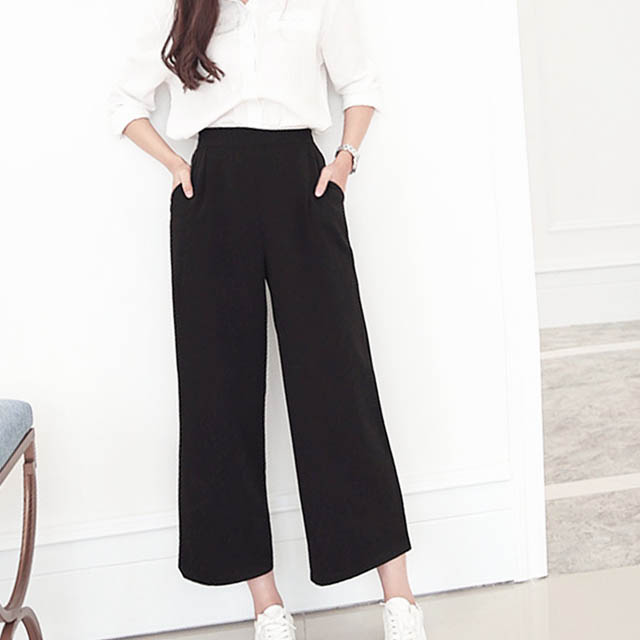 松紧腰阔腿九分裤