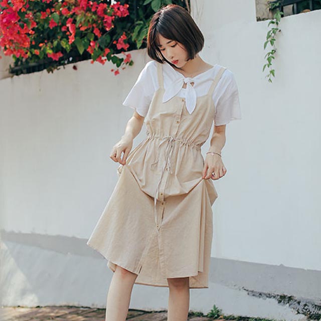 单排扣抽绳吊带连衣裙