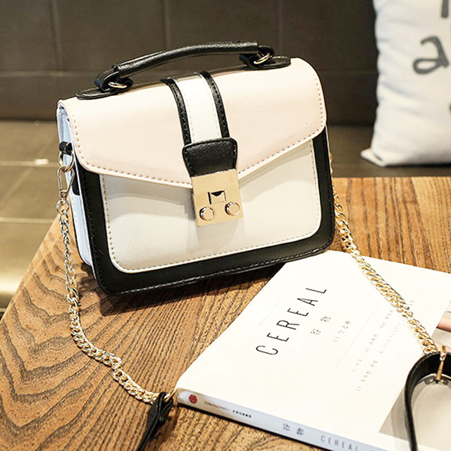 撞色锁扣链条单肩小方包