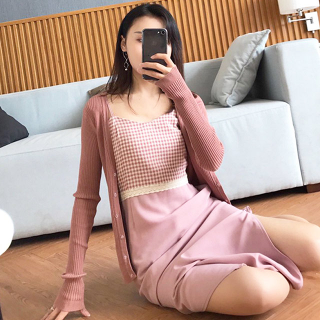 原创拼接格子吊带连衣裙