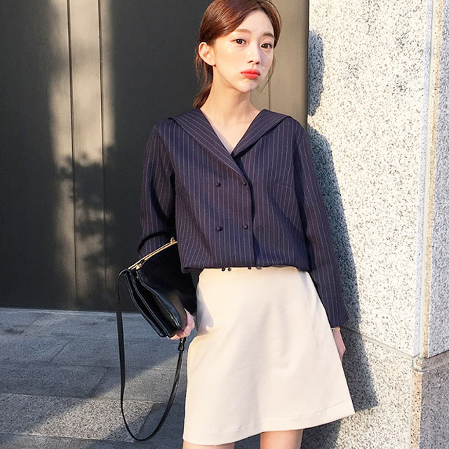 韩系海军领条纹双排扣袖上衣