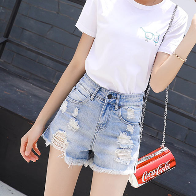 韩版高腰毛边破洞牛仔短裤