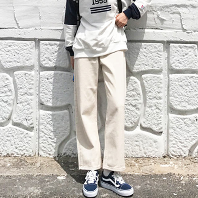 米色牛仔布面料直筒休闲裤