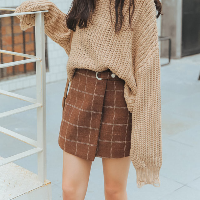 毛呢格子半身裙