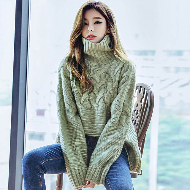 韩都衣舍纯色高领针织衫毛衣女