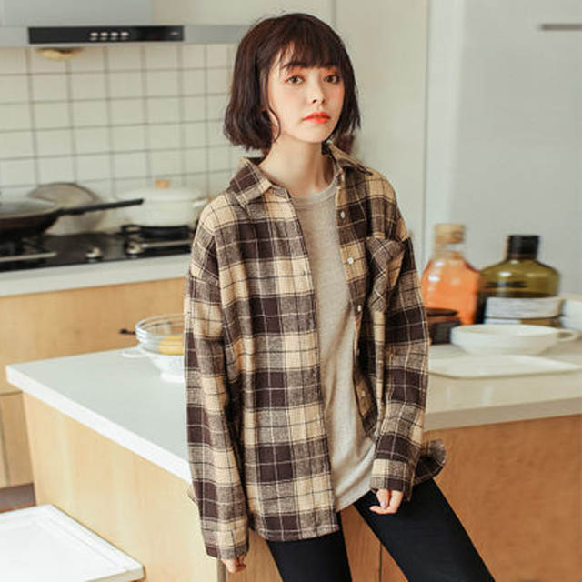 秋冬新款磨毛格子衬衫