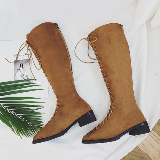 复古英伦风绒面系带过膝靴