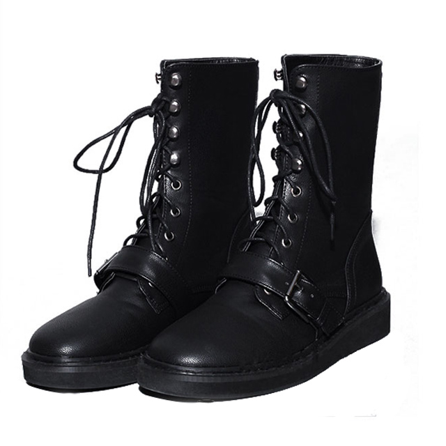2017秋冬新款皮带扣平底厚底机车靴