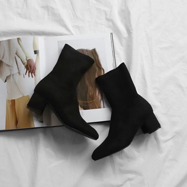 韩版方头粗跟弹力短靴