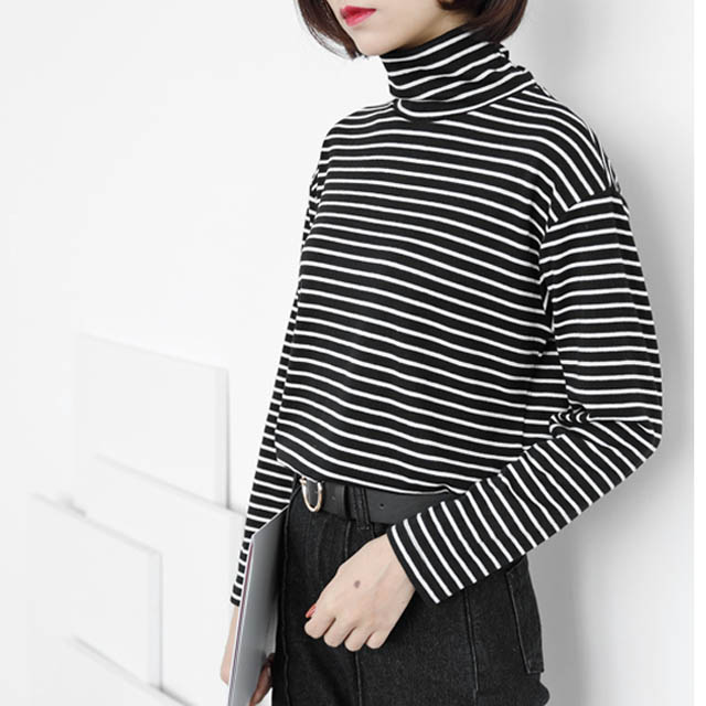 学院风堆堆领条纹长袖T恤