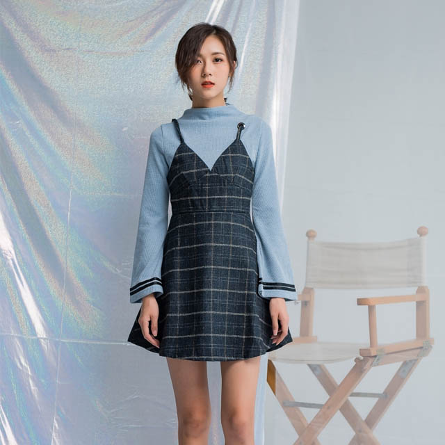 气质针织假两件毛呢裙