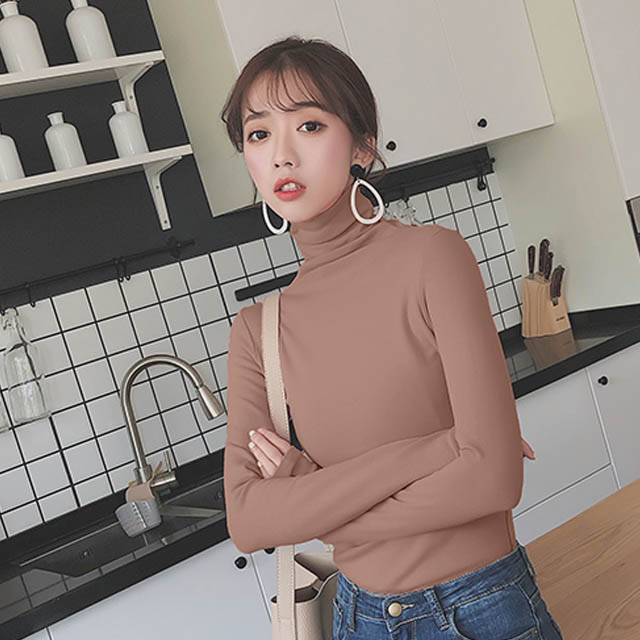 韩版高领修身纯色T恤打底衫