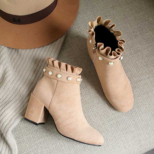 新款百搭女鞋珍珠加绒短靴