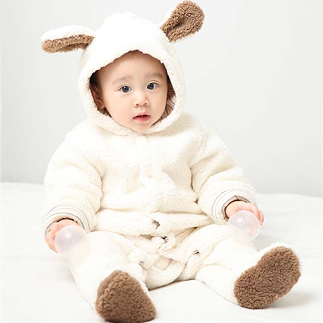 仿羊羔绒带帽连体爬服婴儿连体衣