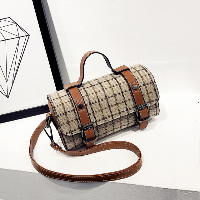 韩版复古格子波士顿手提包