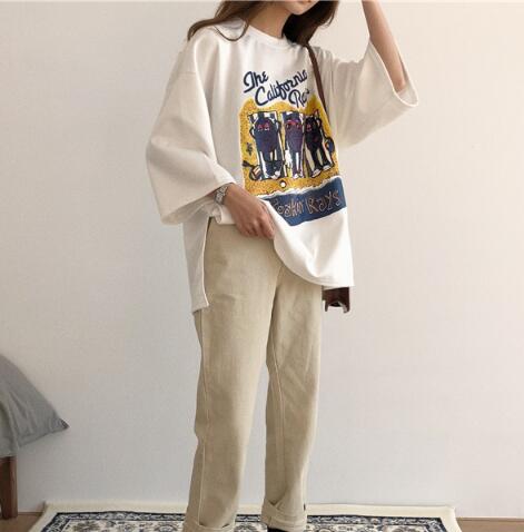 简约印花字母开叉七分袖T恤