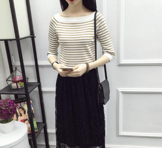 七分袖条纹冰丝针织衫