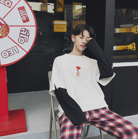 港风春季新款假两件长袖T恤