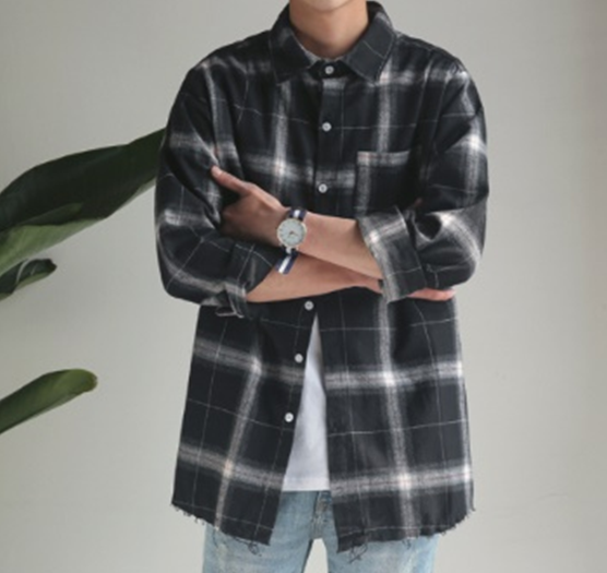ins格子衬衫外套男士衬衣长
