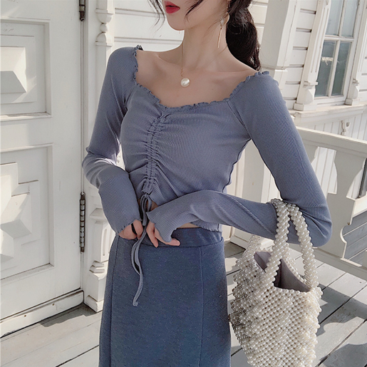 前抽绳木耳边长袖上衣