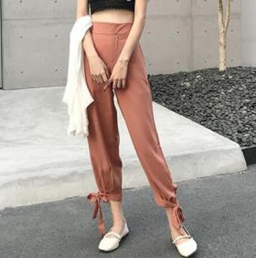 宽松高腰束脚裤子侧开叉休闲阔腿裤