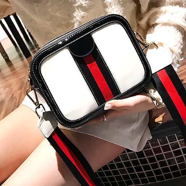 漆皮亮面撞色宽带小方包