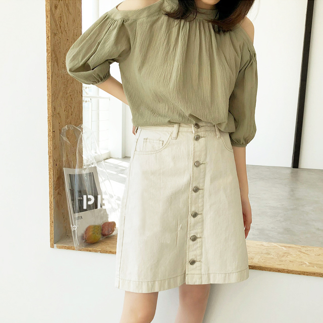 简约排扣高腰显瘦A字裙