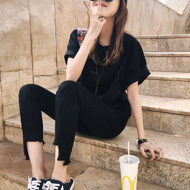 韩版高腰修身黑色牛仔裤