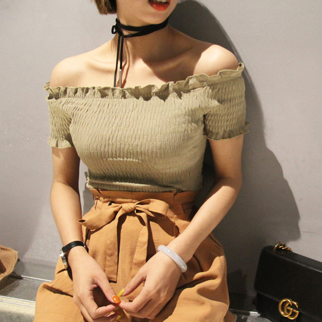 韩版高腰紧身漏肩T恤
