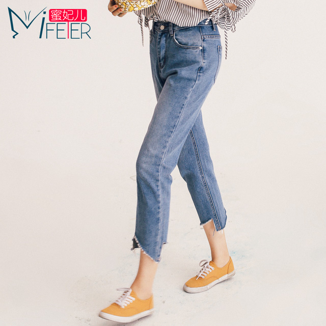 不规则高腰直筒牛仔裤