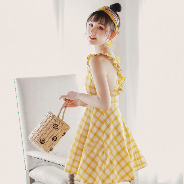 复古仙高腰露背连衣裙