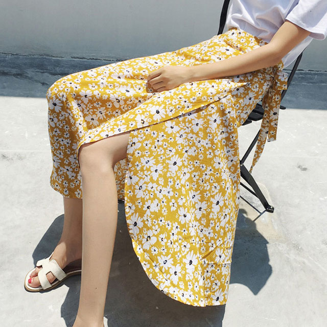 一片式高腰中长款雪纺不规则碎花裙