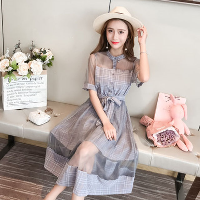 拼接网纱格子中长裙