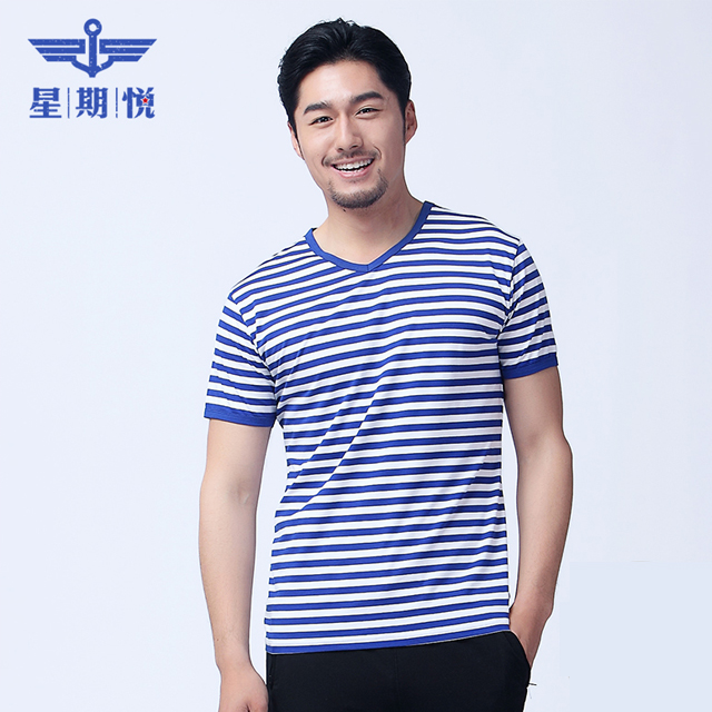 夏季蓝白条纹短袖t恤