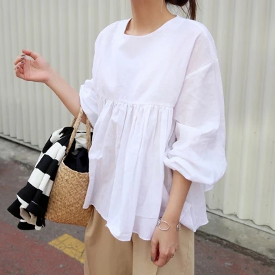 圆领套头亚麻灯笼袖衬衫