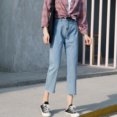 做旧水洗毛边高腰直筒九分牛仔裤