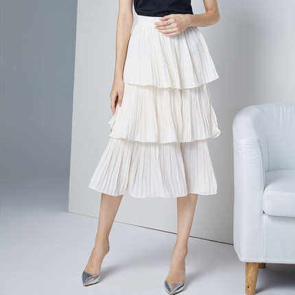 秋季新品复古压褶白色奶油半身裙