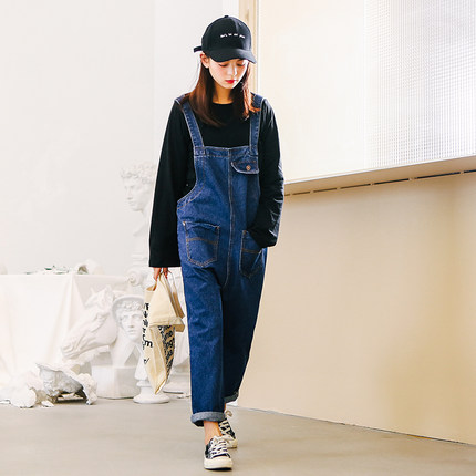 宽松bf复古风牛仔背带裤