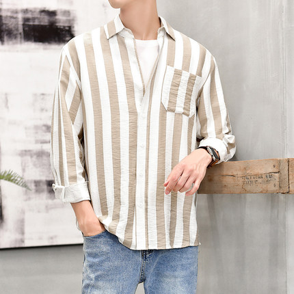 韩版休闲竖条纹长袖衬衫