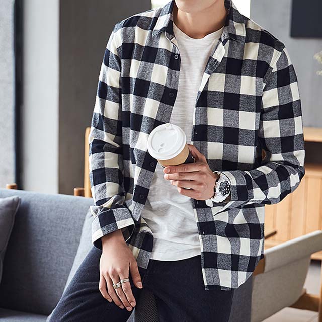 唐狮秋季男士黑白格子衬衫